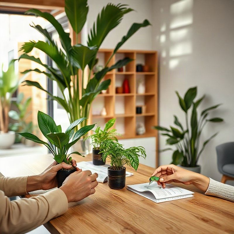 Mãos comparando plantas e informações de imóveis sobre uma mesa
