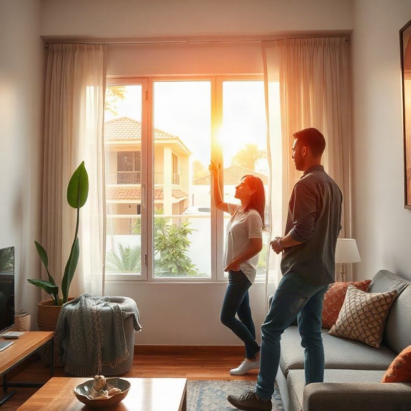 Visitor and agent looking at an apartment’s living room and windows